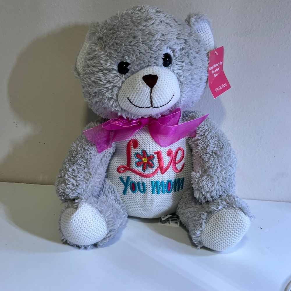 Dan Dee‎ 12in Love You Mom Plush Teddy Bear Grey White Knit Mother's Day Gift